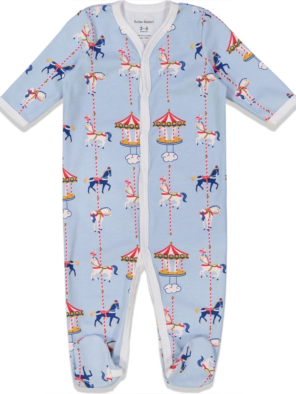 Roller Rabbit carousel footies snaps baby boy girl unisex popcorn horses pima